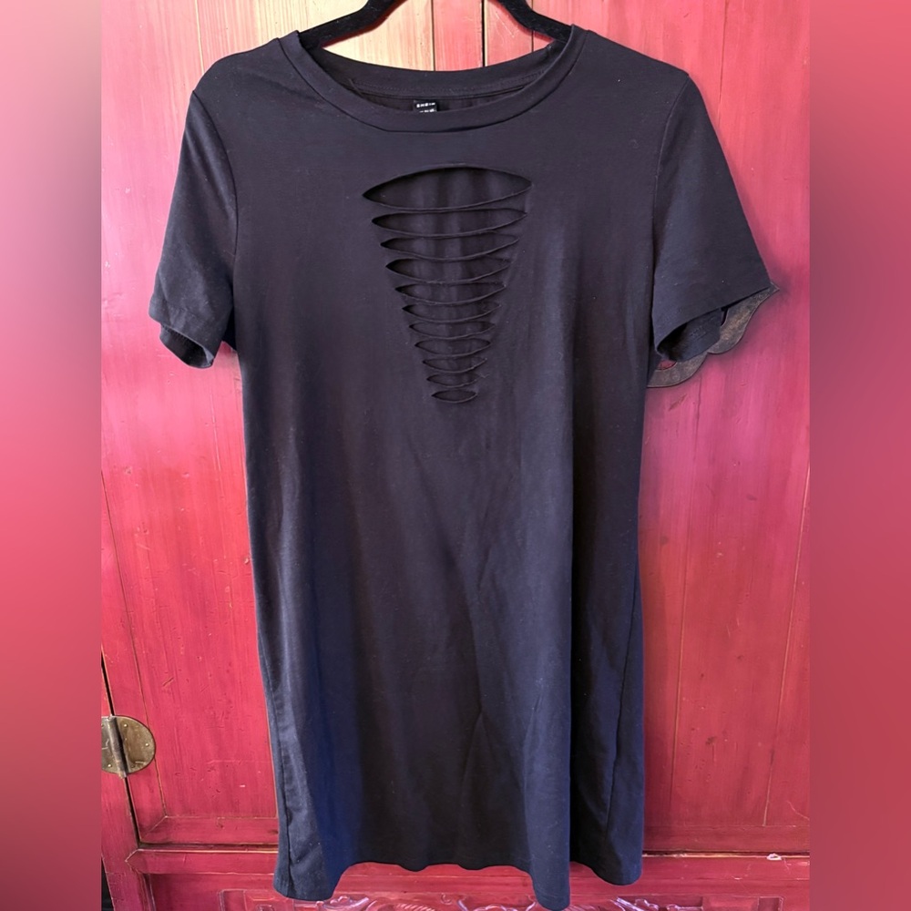 SHEIN T-Shirt Dress Black Distressed Vented Front Excellent Used Condition